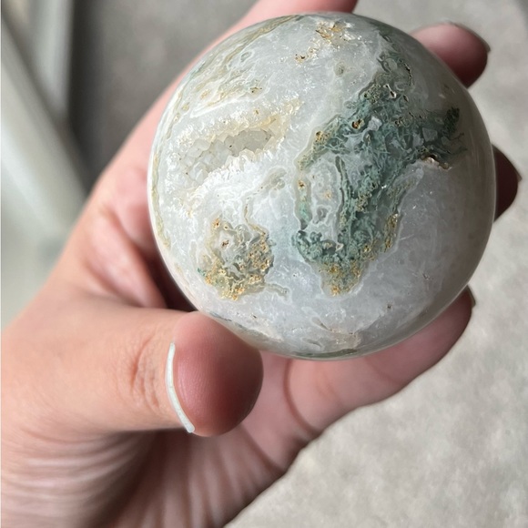Moss Agate Sphere w/ Heart-Shaped Druzy Pocket - Picture 8 of 17